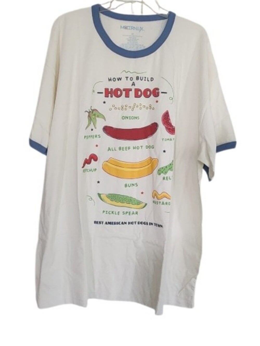 Modern Lux White Graphic 'How to Build a Hot Dog' Tee with Blue Trim Sz 3x